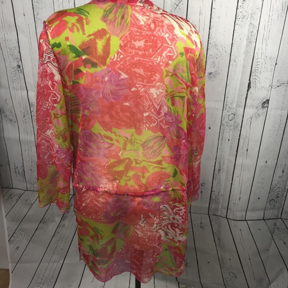 Sahiba Women's Red Floral Top Sequin Trim semi see through tie waist ~me… - Picture 3 of 7